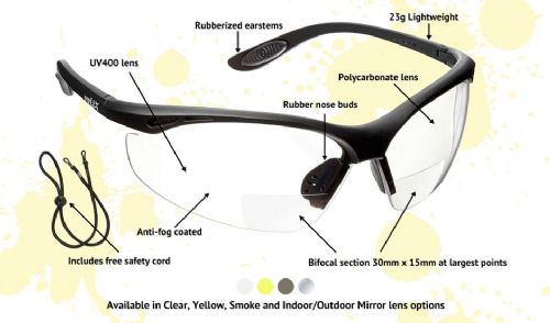 BIFOCALES avec Cordon doté dun arrêtoir/Lunettes de Cyclisme Reading Safety Glasses Certifiées CE EN166F voltX Constructor Lunettes de sécurité de Lecture FUMÉ dioptrie +1.5 